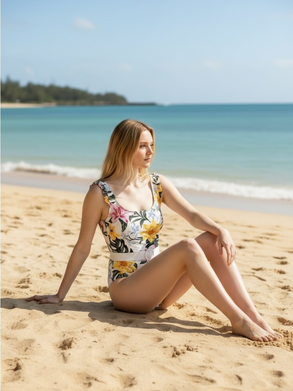 Beach Joy Bikini Floral Belted One-Piece Swimsuit - Yellow & Pink Flowers